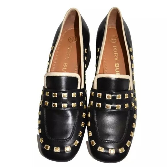 $400 TORY BURCH 55mm GOLD Studded Loafers PUMP SQUARE BLACK  $400 TORY BURCH 55mm GOLD Studded Loafers PUMP SQUARE BLACK LEATHER 5.5 (DB28)